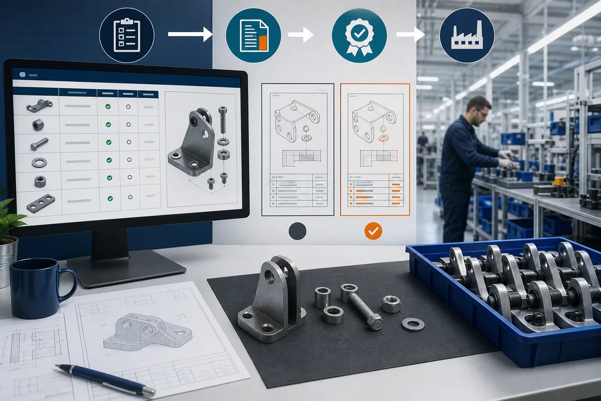 Engineering desk showing controlled bills of materials and drawing revisions