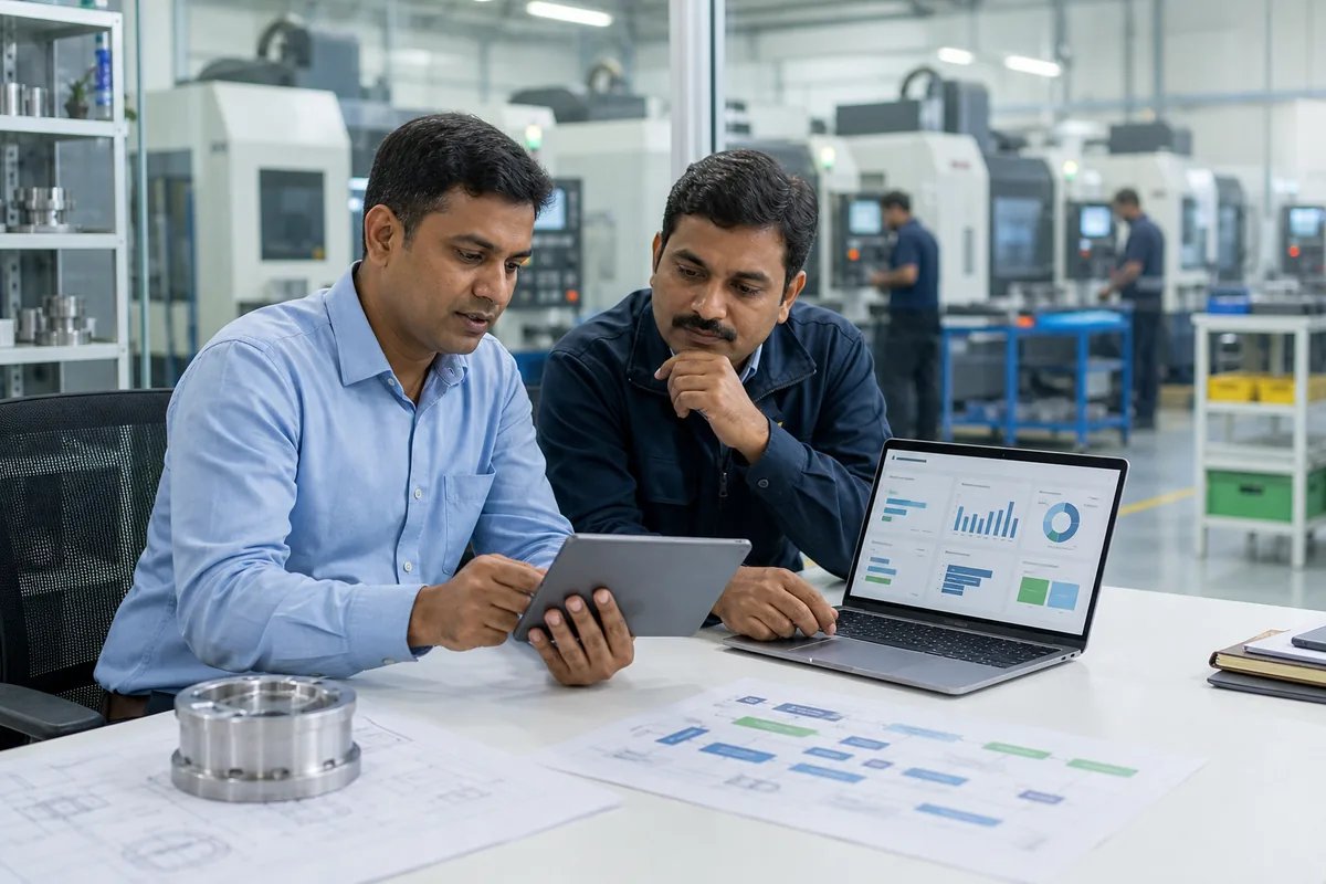 Factory owner and operations manager comparing manufacturing software approaches