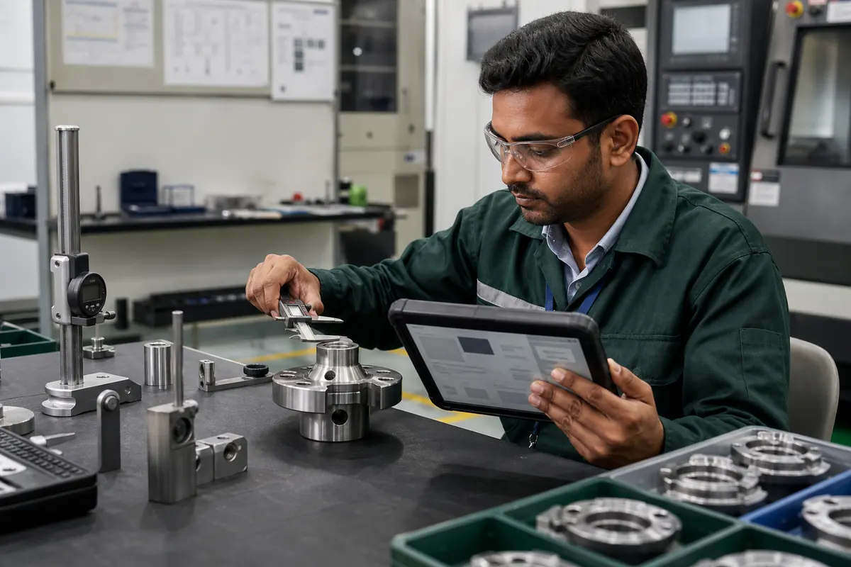 Quality inspector measuring a machined component and recording the result on a tablet