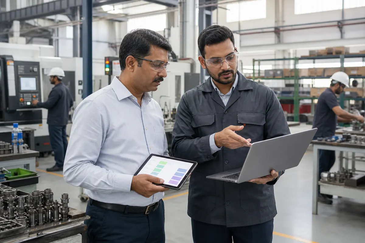 Factory owner and production manager evaluating manufacturing software on a tablet and laptop