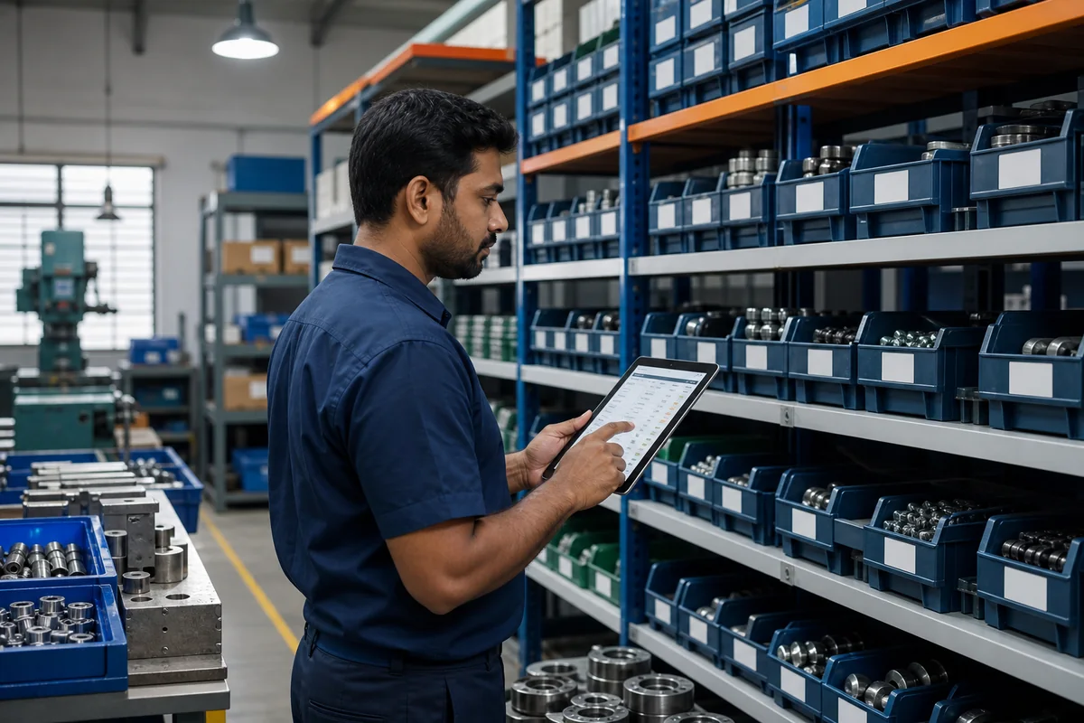 Factory inventory manager checking component stock on a tablet
