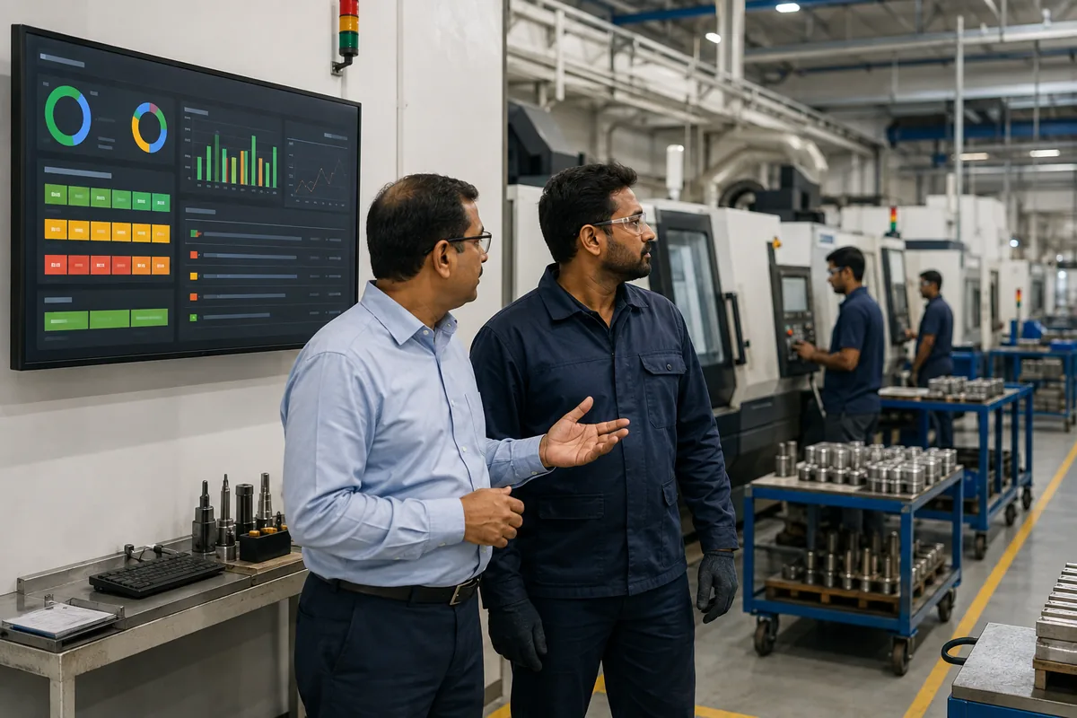 Factory owner and production supervisor reviewing a daily manufacturing dashboard