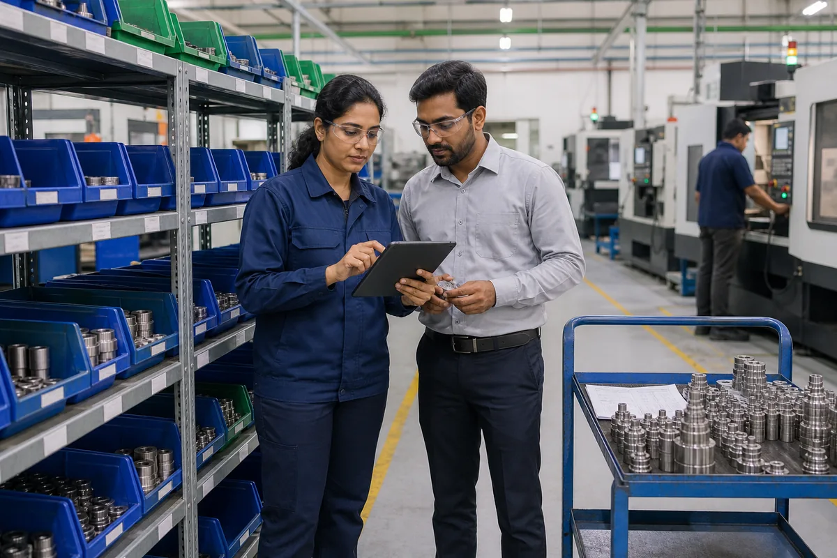 Stores coordinator and production supervisor checking component availability with a tablet