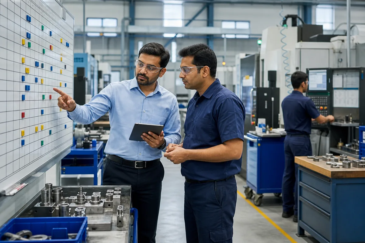 Production planner and shop-floor supervisor reviewing a factory schedule