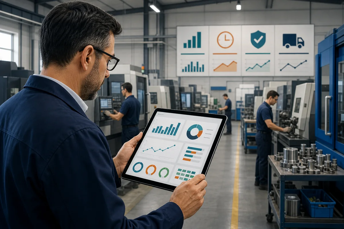 Factory owner reviewing production metrics on a tablet