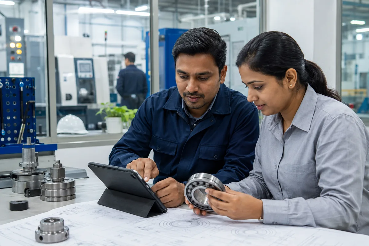 Production engineer and purchasing coordinator reviewing an industrial spare part requisition