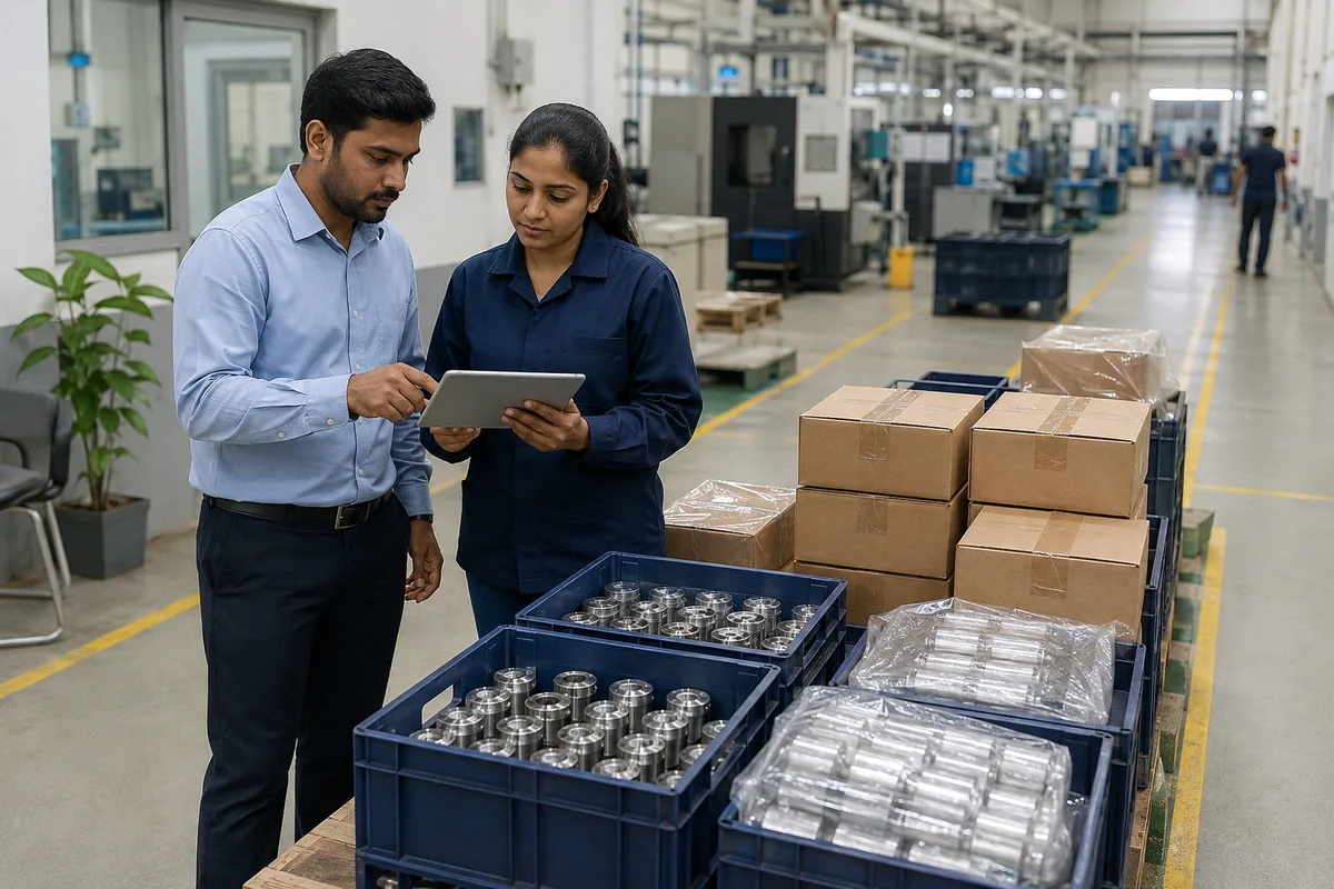Purchasing coordinator and stores supervisor checking a supplier delivery on a tablet
